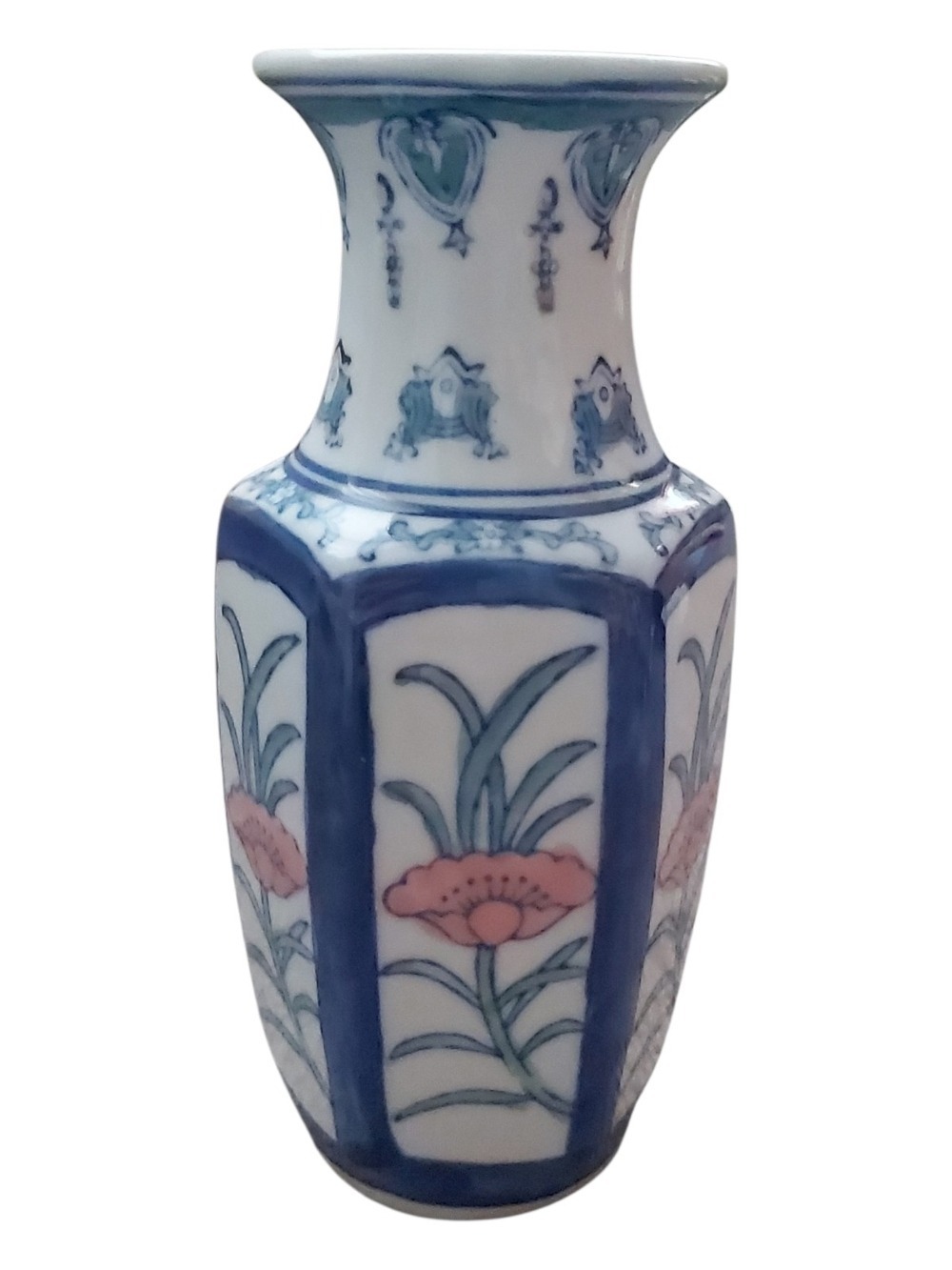 Vintage Chinese Hexagonal Porcelain Vase - 6" Blue & White with Pink Floral